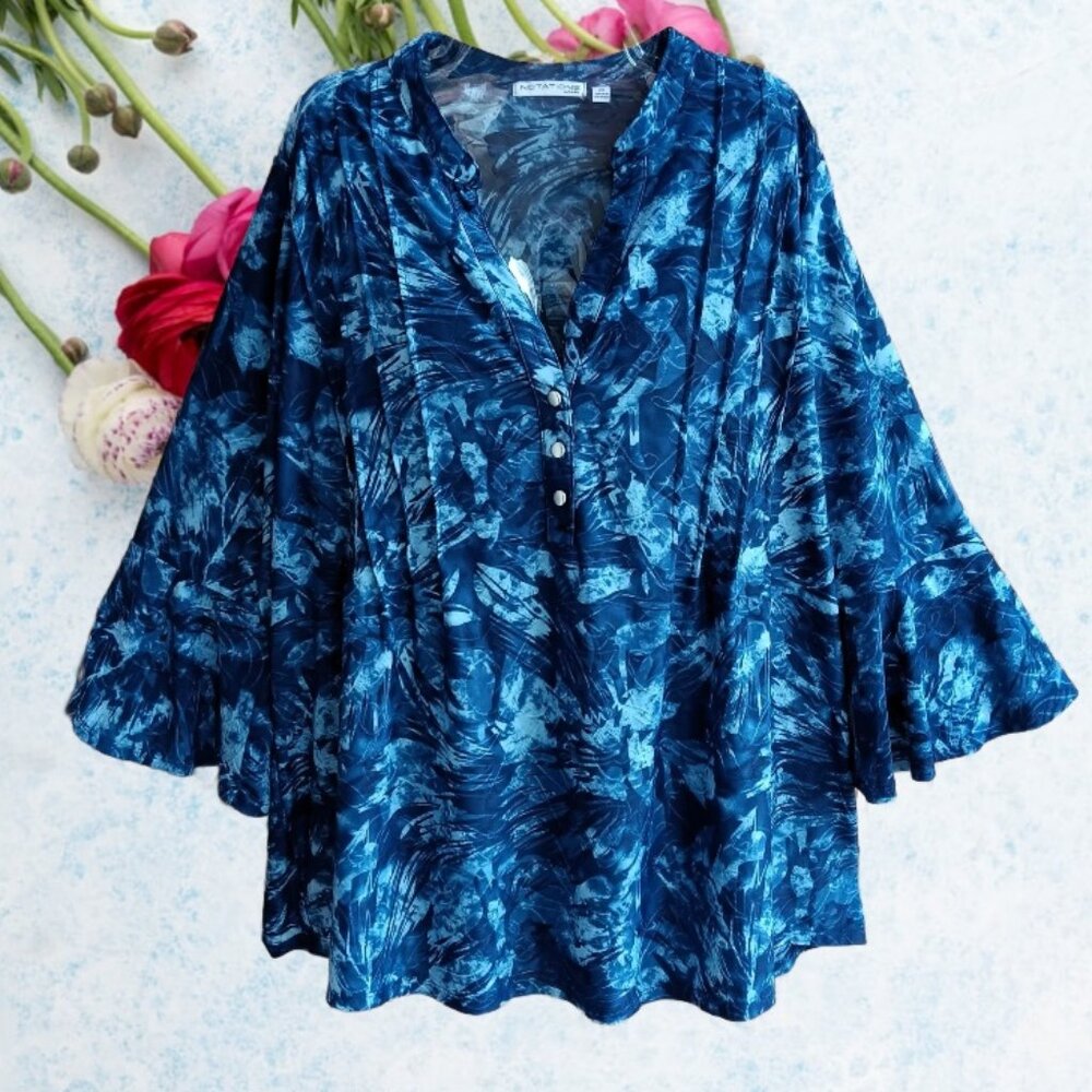 Notations Womens Top Blouse Popover 3/4 Flounce Sleeves Blue Size 2X